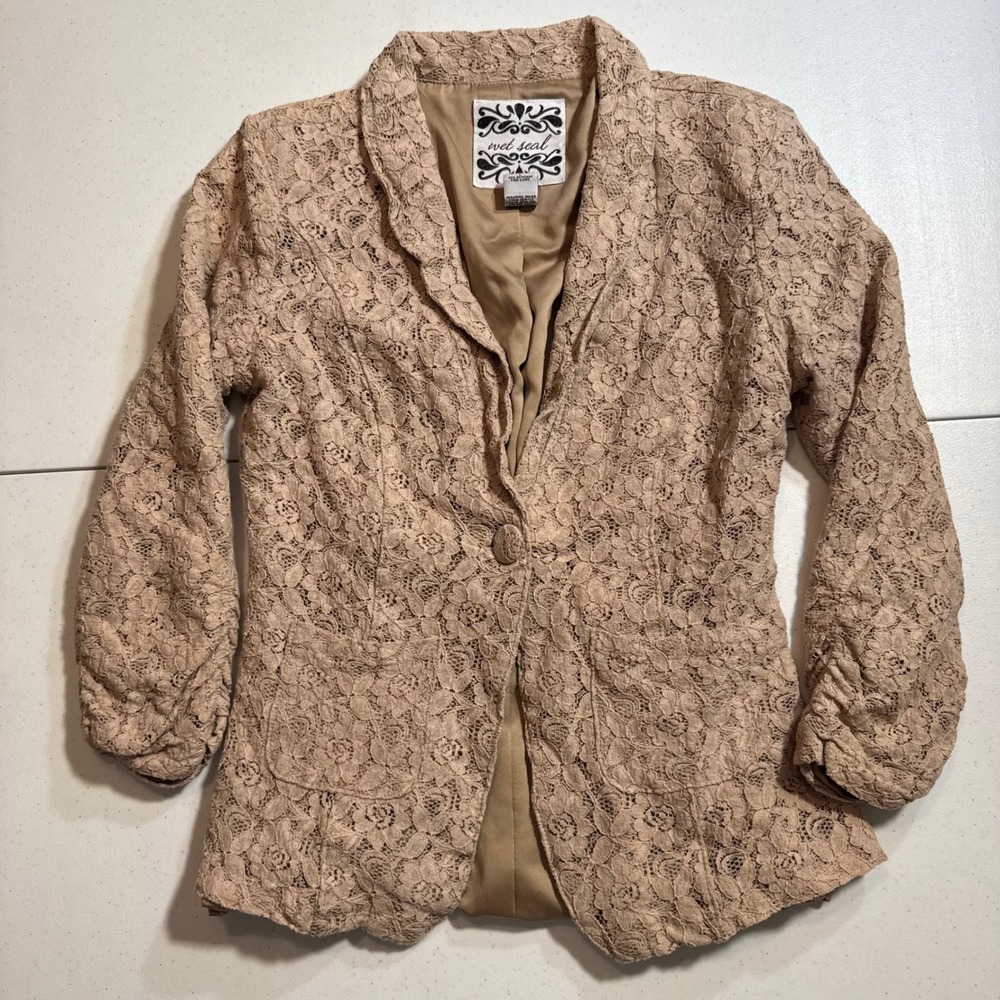 Y2K Wet Seal Tan Floral Lace‎ Blazer Jacket  Nude Boho Shabby Chic Academia Prep